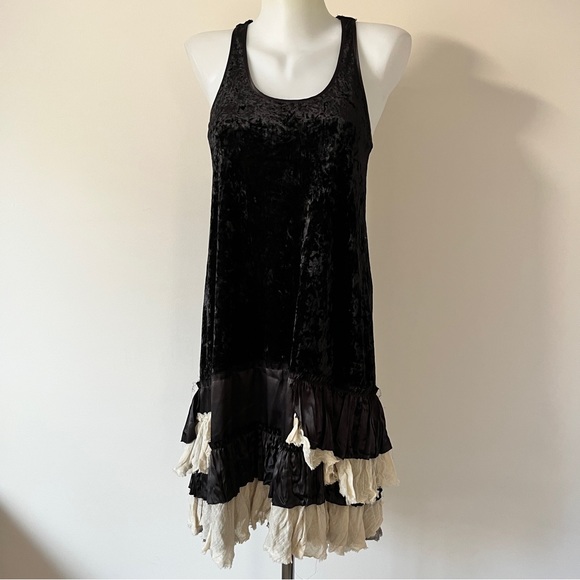 Free People Merries Crushed Velvet Tiered Dress Black Ruffle Racerback Tank Sz S - Picture 2 of 16
